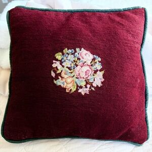 Vintage Needlepoint Floral Pillow Burgundy Green 14”x14”